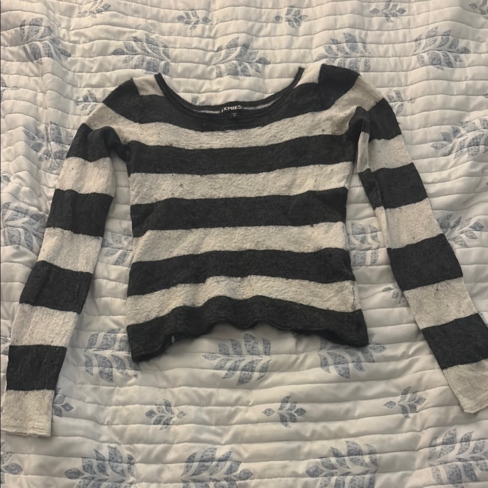 Express Black and Gray Striped Long Sleeve Tee
